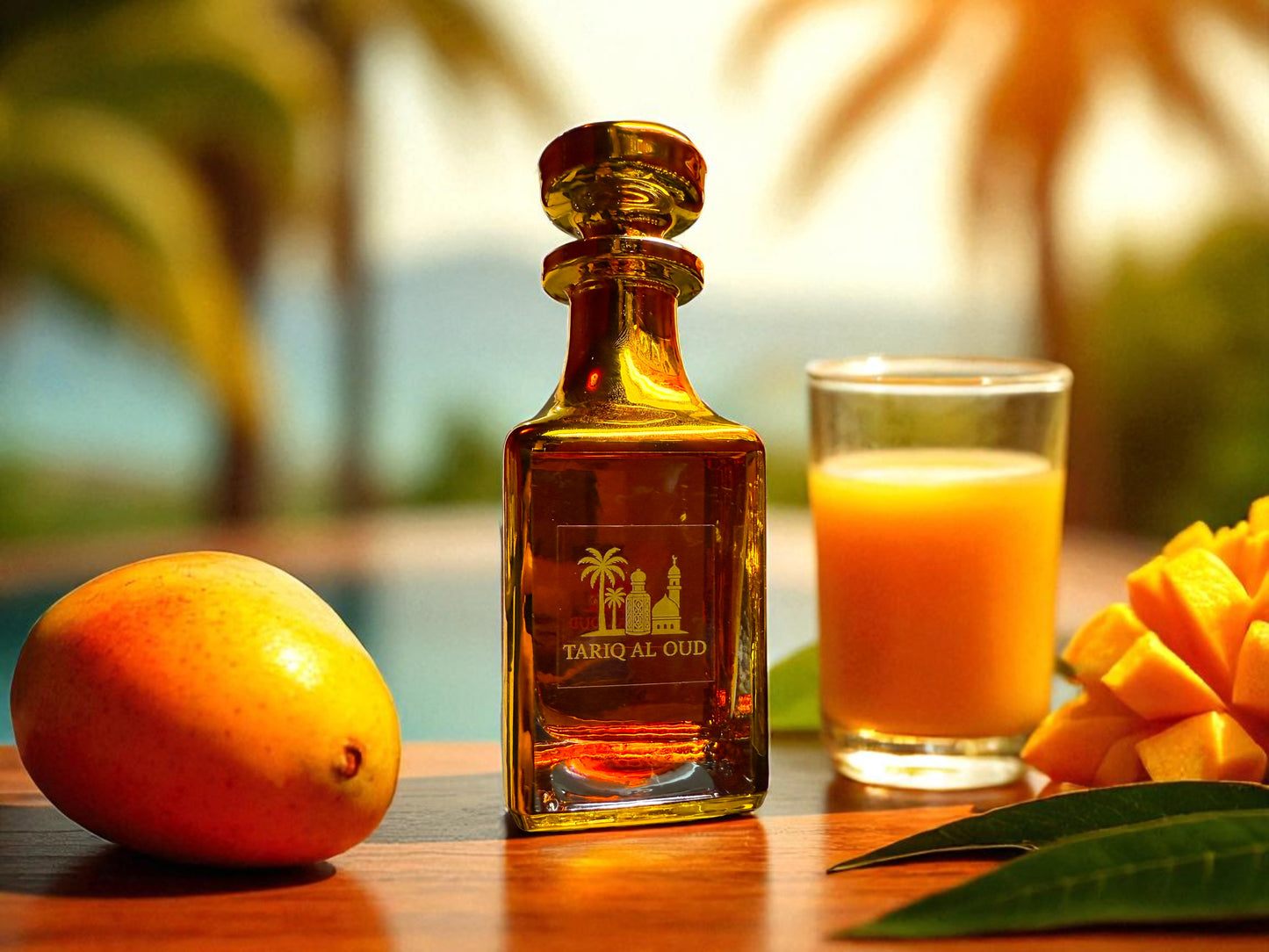 Gold perfume bottle with mangos
