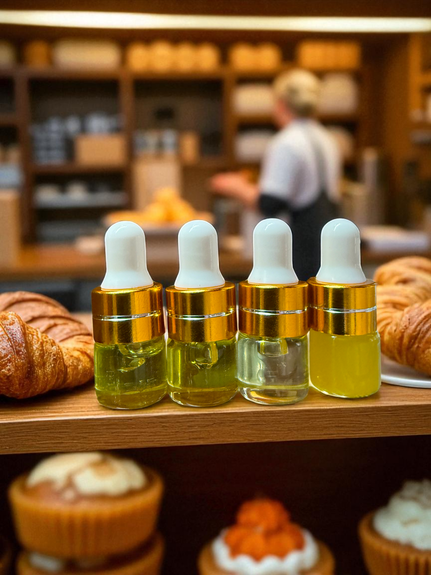 Four small glass bottles with gold caps